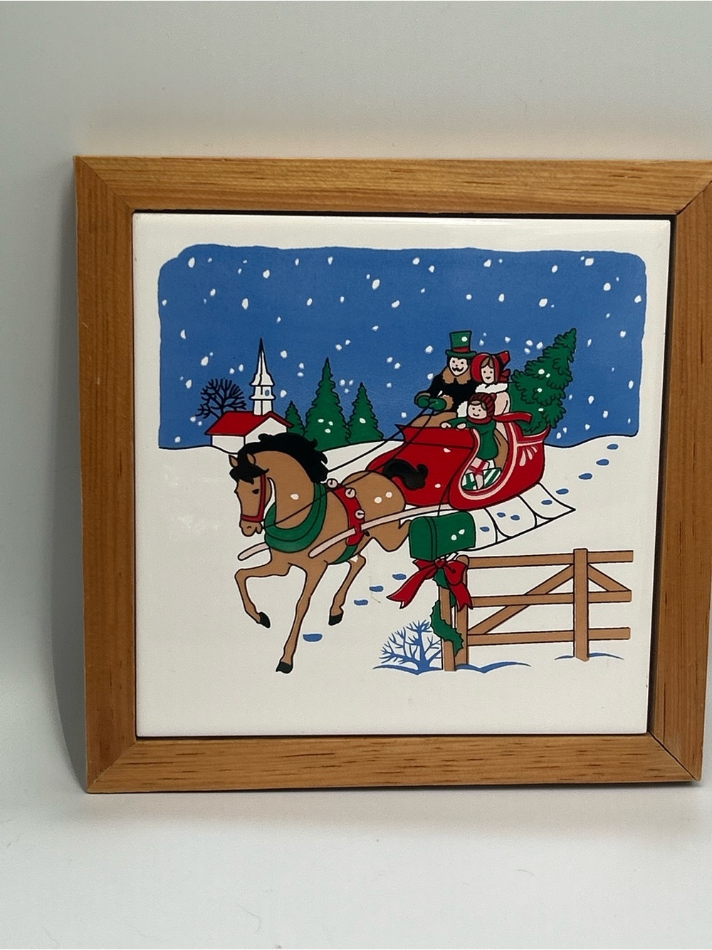 Vintage Holiday Horse and Sleigh Framed Ceramic Tile or Trivet Christmas